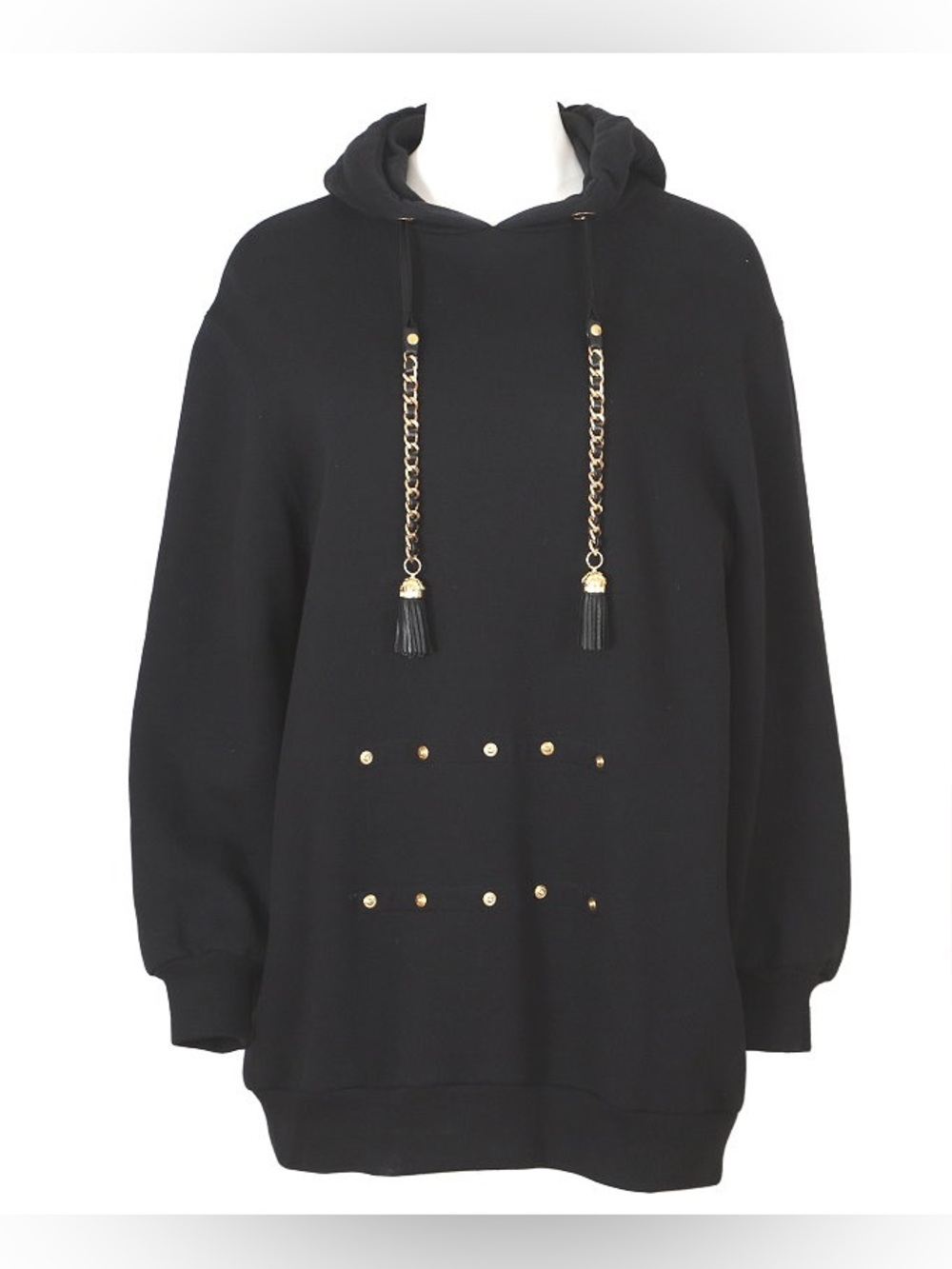 Moschino Black Cotton  Hoodie with Gold Chain Leather Tassel Drawstrings 42/8